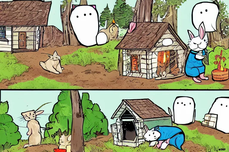 Image similar to a rabbit and a cat dressed in cottagecore living in a cottage, the rabbit has a vegetable garden and the cat is fixing the roof, comic book art style, pictures in sequence, storyboarding, speech bubbles