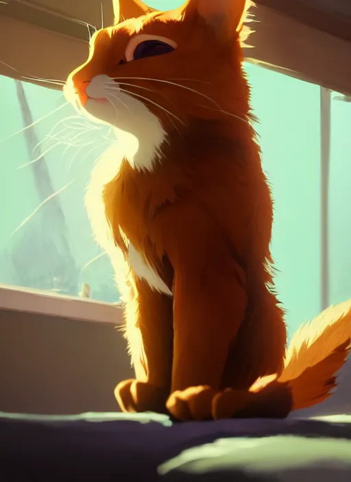 Image similar to a portrait of ginger cat, sleeping in a messy bedroom, sun - rays, studio ghibli, pixar and disney animation, sharp, rendered in unreal engine 5, anime key art by greg rutkowski, bloom, dramatic lighting