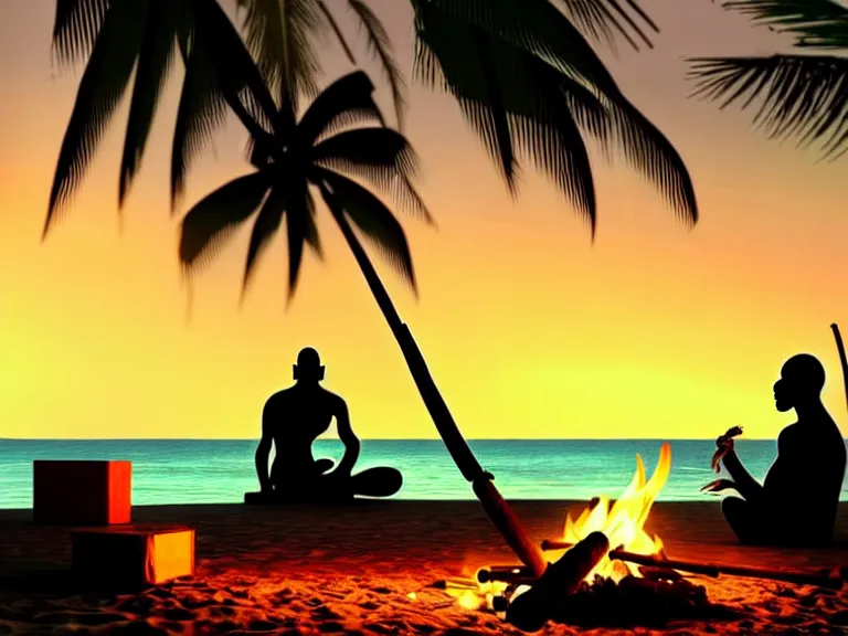 Image similar to gandhi sitting on a beach next to a campfire, holding a cigar, sunset, parrots, coconuts, palm trees, glorious lighting, epic environment, highly detailed, digital art, hyper realistic, beautiful, 8 k, trending on deviantart