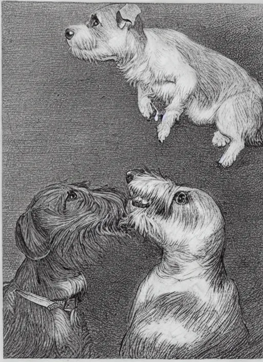 Prompt: candid portrait of jack russel dog looking up barking, night sky, highly detailed, side view, illustrated by peggy fortnum and beatrix potter and sir john tenniel