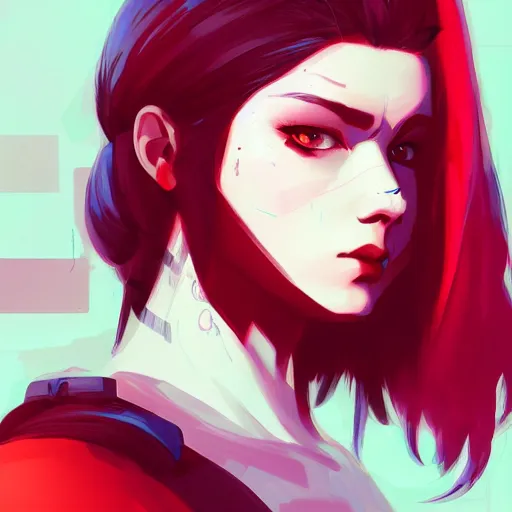 Prompt: a portrait of a cyberpunk young girl with vibrant red hair, in the style of artgerm, charlies bowater, atey ghailan and mike mignola, hatd shadows and spotlight, plain background, comic cover art, trending on artstation