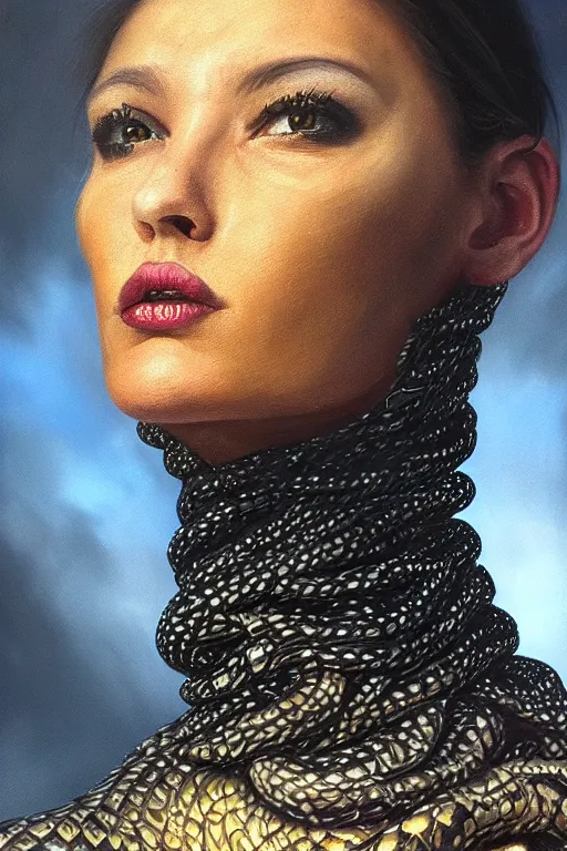 Image similar to hyperrealism oil painting, close - up portrait of face from a tangle of snakes fashion model, knight, street art gradient mixed with nebula sky, in style of baroque