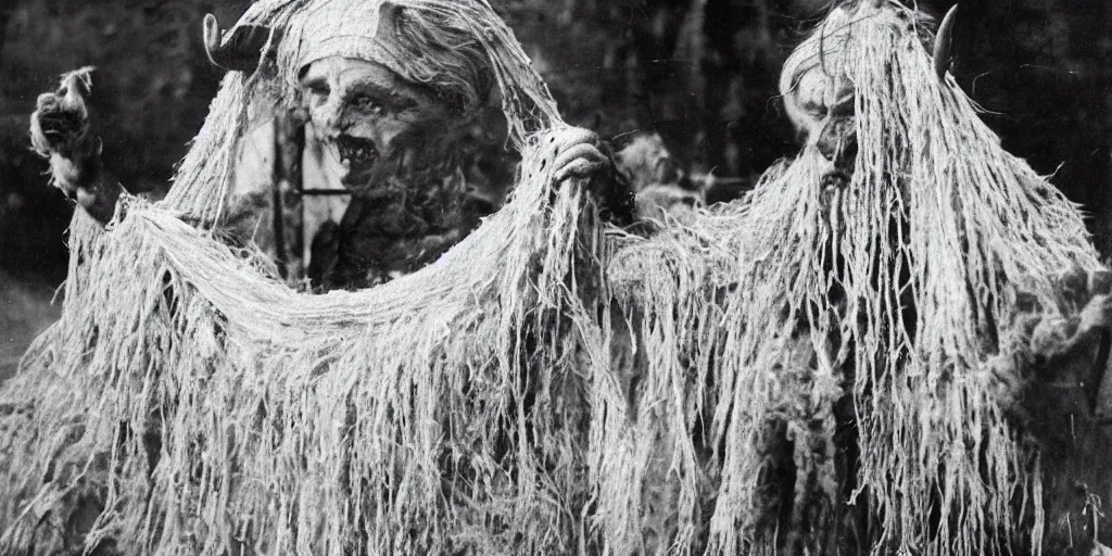 Image similar to 1 9 2 0 s spirit photography of an old female farmer turning into a krampus ghost with hay cloth in the dolomites, by william hope, dark, eerie, grainy