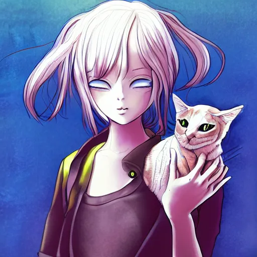Image similar to girl holding a cat, digital art, anime style, by Yoshitaka Amano, trending on pixiv, 4k, highly detailed
