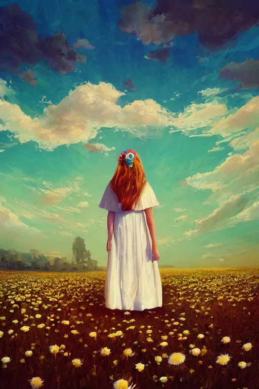 Image similar to giant white daisy flowers as head veil, girl walking in a flower field, surreal photography, sunrise, dramatic light, impressionist painting, colorful clouds, digital painting, artstation, simon stalenhag