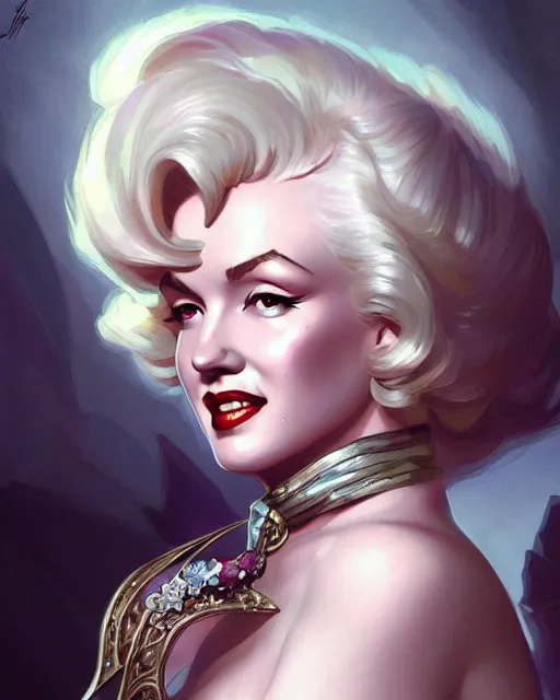 Image similar to Marilyn Monroe, D&D, fantasy, intricate, elegant, highly detailed, digital painting, artstation, concept art, matte, sharp focus, illustration, hearthstone, art by Artgerm and Greg Rutkowski and Alphonse Mucha