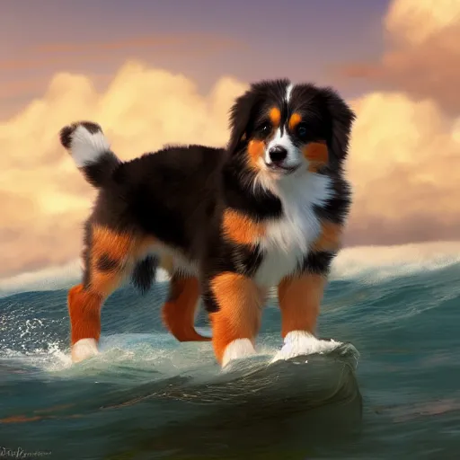 Image similar to Australian Shepherd puppy surfing in Hawaii, Digital Art, artstation