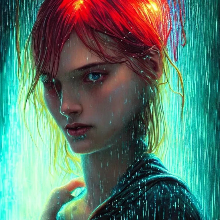 Image similar to bright asthetic portrait LSD glowing backlit rain on face and wet hair, fantasy, intricate, elegant, dramatic lighting, highly detailed, lifelike, photorealistic, digital painting, artstation, illustration, concept art, smooth, sharp focus, art by John Collier and Albert Aublet and Krenz Cushart and Artem Demura and Alphonse Mucha