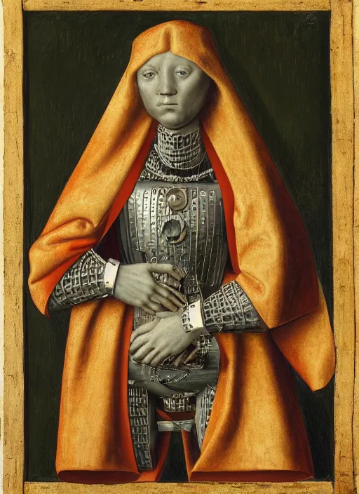 Prompt: a portrait of a renaissance robot, in the style of Jan van Eyck,