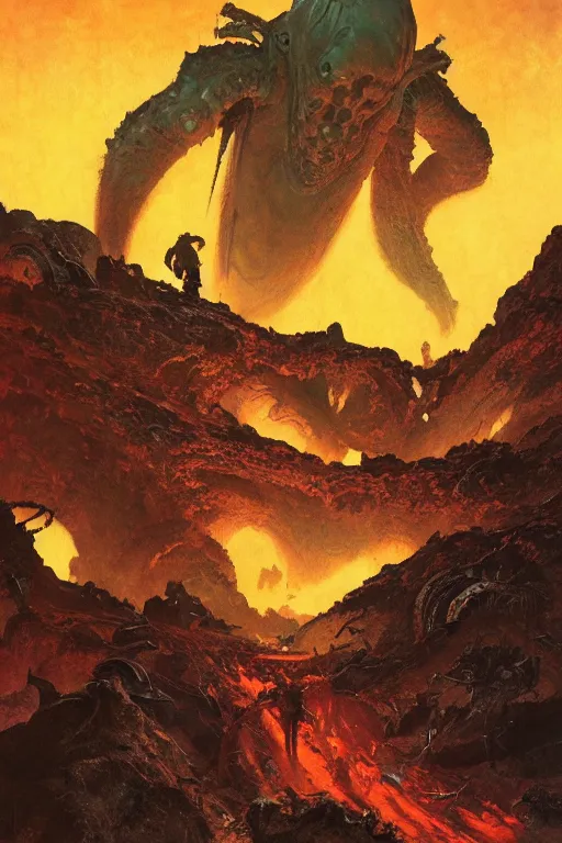 Image similar to cthulu rises from a martian volcano, by norman rockwell, jack kirby, jon berkey, earle bergey, craig mullins, ruan jia, jeremy mann, tom lovell, marvel, astounding stories, 5 0 s pulp illustration, scifi, fantasy, artstation creature concept