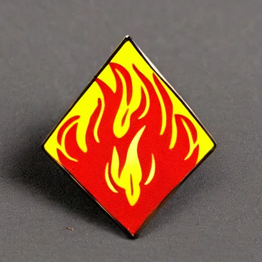 Image similar to a square enamel pin of a retro minimalistic fire flame warning label, smooth curves