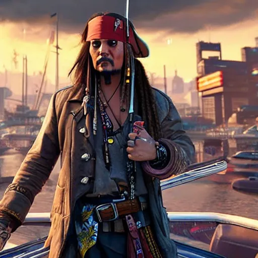 Image similar to jack sparrow in the game of cyberpunk 2 0 7 7