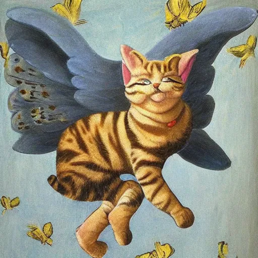 Prompt: a highly detailed painting of a cat with wings leaving a trail of rainbows behind in michelangelo style of painting