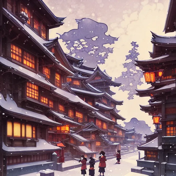 Image similar to japanese city, winter, in the style of studio ghibli, j. c. leyendecker, greg rutkowski, artem