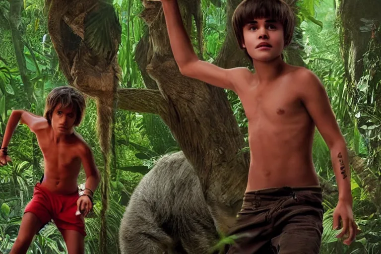 Image similar to justin bieber plays mowgli in the live action adaptation of the jungle book, red weapon 8 k s 3 5, cooke anamorphic / i lenses, highly detailed, cinematic lighting