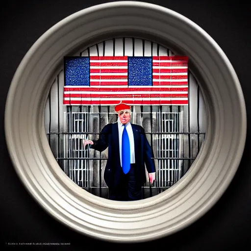 Image similar to trump behind bars in striped prison clothes commemorative plate, 3 d high definition, trending on artstation, intricate detail, finely detailed, small details, extra detail, photorealistic, high resolution, vray, 8 k, octane, hdr, hyper detailed, insane details, intricate, elite, ornate, elegant, luxury