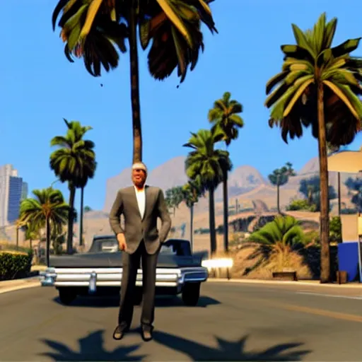 Image similar to george clooney in gta v. los santos in background, palm trees in the art style of stephen bliss