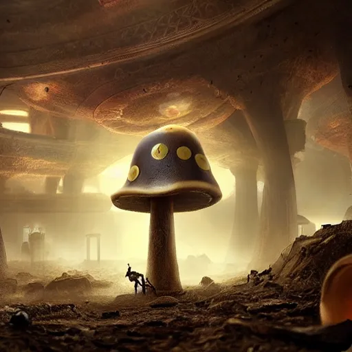 Prompt: a clockwork mushroom wanders through the wastes of an ancient city, photorealistic, ultra detailed, eerie lighting, foggy, deep shadows