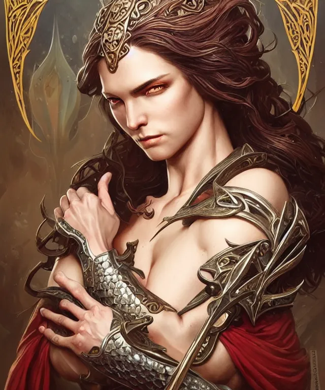 Image similar to Muscular and powerful medieval knight portrait, art nouveau, fantasy, intricate flower designs, elegant, highly detailed, sharp focus, art by Artgerm and Greg Rutkowski