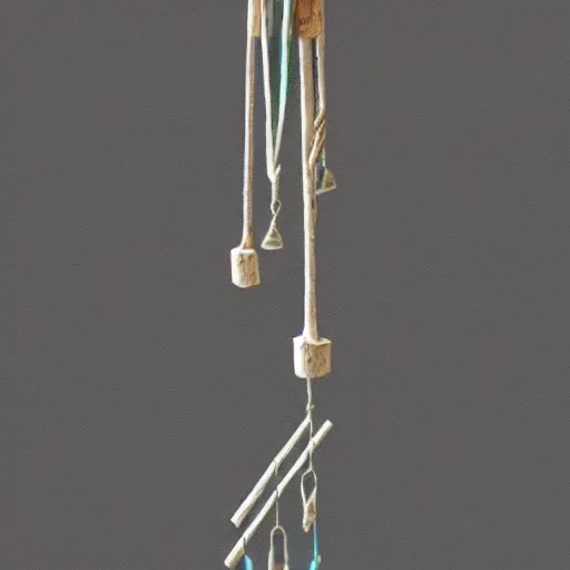 Image similar to This is a sketch of a wind chime made from the pieces of a broken mug. It shows the mug handle as the top piece with strings attached to it, and the bottom pieces of the mug hanging down like little bells, sketch, illustration, artstation