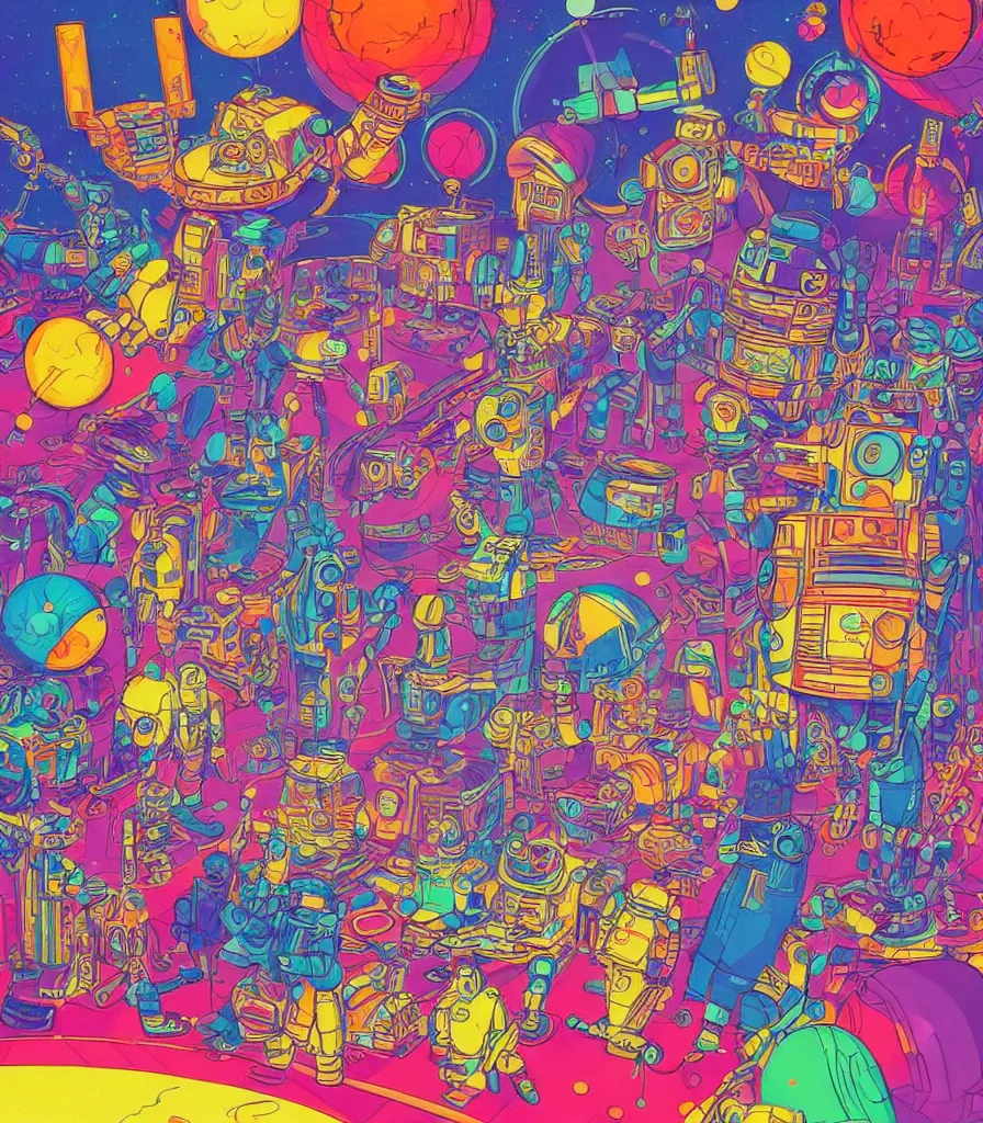 Prompt: a brightly colored drawing of some scientists throwing a party after a heureka moment, 8 0 s art deco international space station, robots, led screens, droids, a detailed painting by lisa frank, james jean, kilian eng, moebius, featured on deviantart, psychedelic art, psychedelic, whimsical, vivid colors