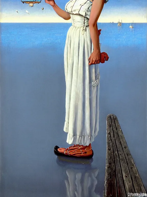 Prompt: a fancy beautiful young lady standing on a wharf at the edge of the sea by rob gonsalves and ruth deckard and gil elvgren and harry ekman and george petty and hilo chen and norman rockwell, crisp details, hyperrealism, high detail, high contrast, low light, grey mist, cobblestones, dim lantern