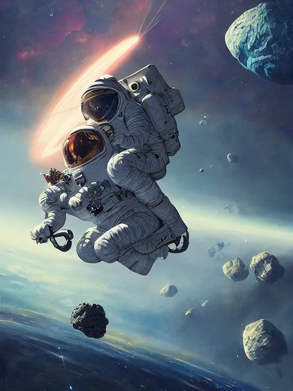 Image similar to photo of 8k ultra realistic astronaut riding an asteroids, nasa, clear sky, full of colour, cinematic lighting, battered, trending on artstation, 4k, hyperrealistic, focused, extreme details,unreal engine 5, cinematic, masterpiece, art by Peter Mohrbacher