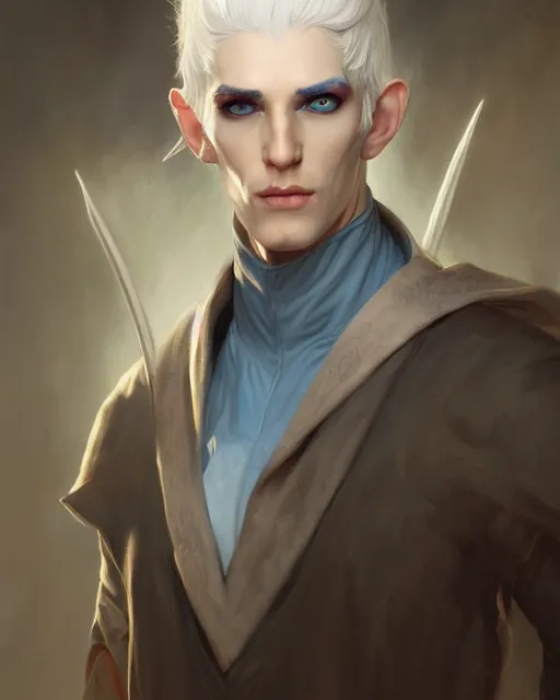 Prompt: character portrait of a slender young half elven man with white hair, piercing blue eyes, and pale blue skin, by greg rutkowski and mark brookes and jim burns and tom bagshaw and magali villeneuve, trending on artstation