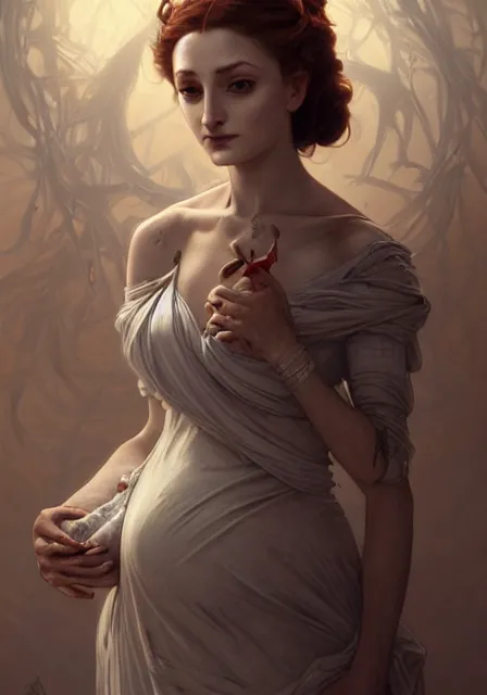 Image similar to sansa pregnant mummy zombie, intricate, elegant, highly detailed, digital painting, artstation, concept art, smooth, sharp focus, illustration, art by artgerm and greg rutkowski and alphonse mucha and william - adolphe bouguereau