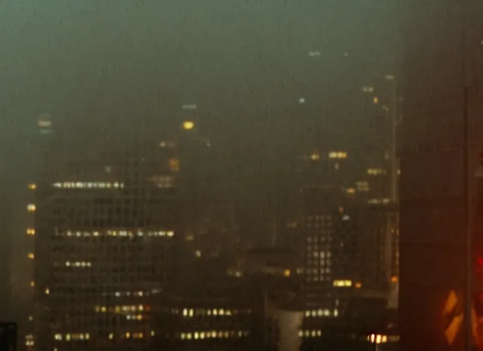 Prompt: film footage of giant michael j. fox in a foggy city, eerie, monster movie, 8 k, 8 5 mm