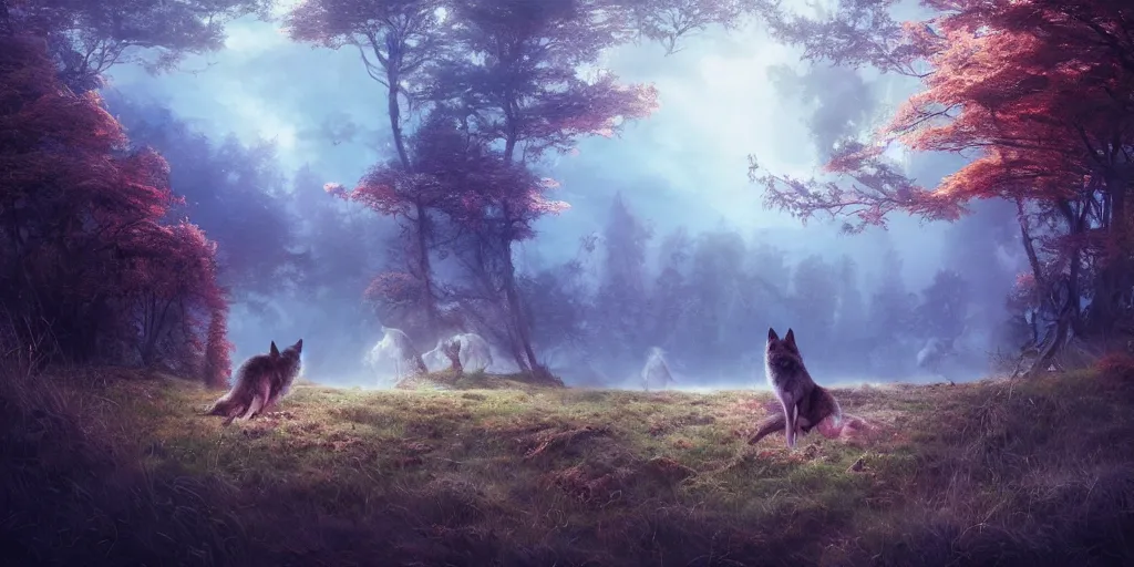 Prompt: beautiful dreamy landscape, wolves, dream, colors, dramatic, mid day, large scale, hyperrealistic, lots of detail, realistic lighting, octane render, by wlop, artgerm, trending on artstation