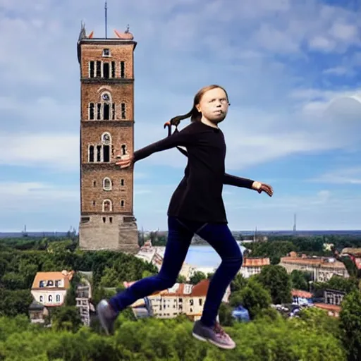 Image similar to photo of greta thunberg being chased by man with short brown curly hair at the top of a very tall tower