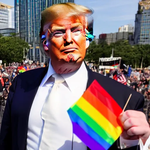 Image similar to Donald Trump wearing a dress and holding a pride flag