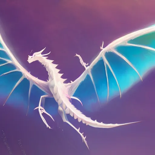 Prompt: sleek opalescent white dragon, rainbow wings, flying through sunset, art, fantasy, digital painting, trending on artstation, concept art, smooth, sharp focus, hyperrealistic, illustration, art by Loish and WLOP