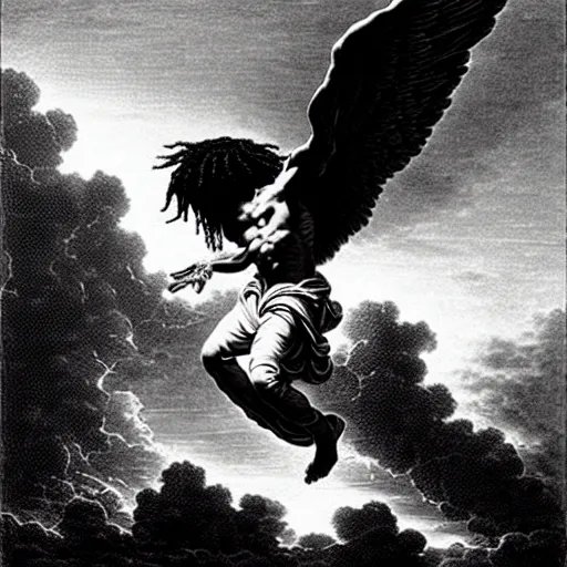 Image similar to cheef keef ascending into heaven holding actavis, biblical image, style of gustave dore, highly detailed, beautiful, high contrast, black and white