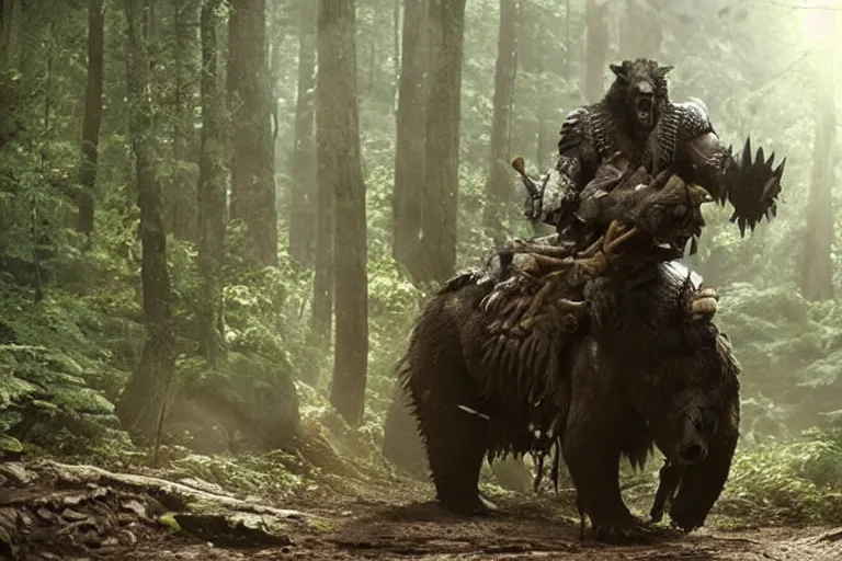 Image similar to vfx movie closeup detailed ancient armored warrior orc hunting riding large bear in the forest, natural lighting by emmanuel lubezki