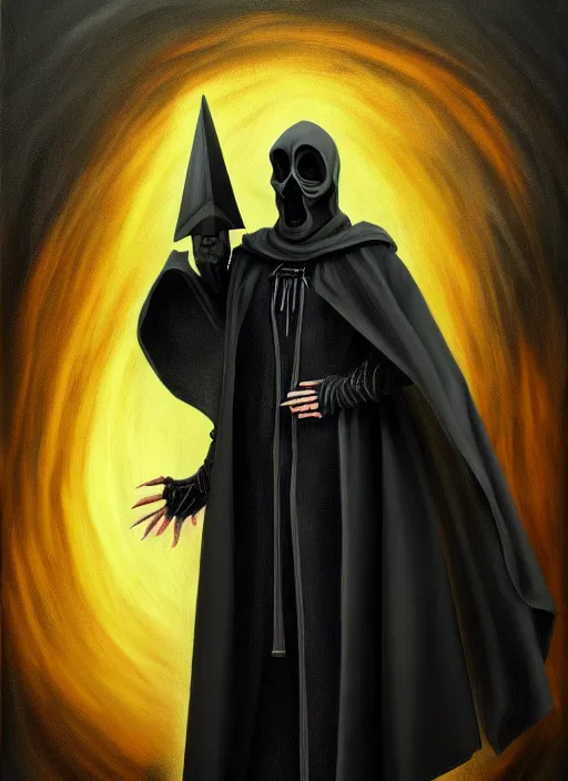 Image similar to ultradetailed painting of the necromancer, wearing a black cloak, crisp