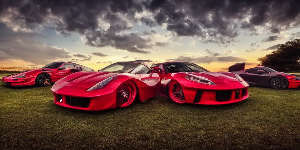Prompt: cinematic fast sportscar reminiscent of toyota, ferrari and porsche in a lush field, shiny, red, beautiful lighting, photorealistic, sharp, sunset, by scott robertson