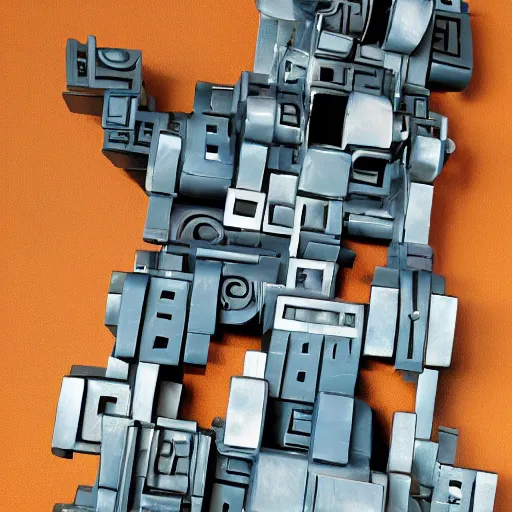 Prompt: abstract sculpture representing a mecha mountain landscape with small random mayan ornaments, futuristic cubism