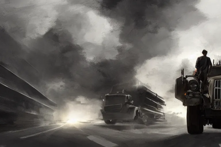 Prompt: epic concept art of a man standing with an oncoming truck. backlighting. strong contrast. by ashley wood and j. m. w. turner, speed painting, photo bash, cinematic angle, super detailing, strong perspective