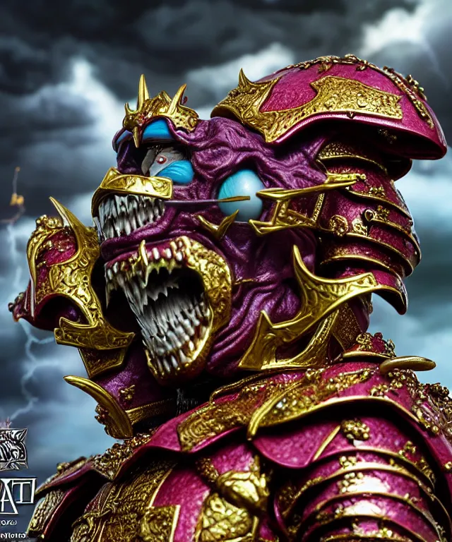 Image similar to hyperrealistic rendering, epic ornate supreme demon overlord, jewel crown, war armor battle, by art of skinner and richard corben, product photography, collectible action figure, sofubi, hottoys, storm clouds, outside, lightning