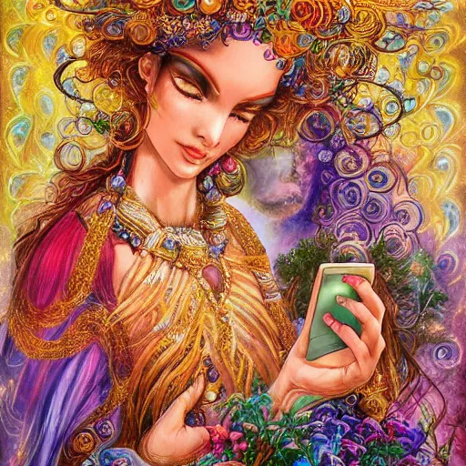 Prompt: a zodiac goddess checking her cell phone by senior concept artist josephine wall, acrylic on canvas, intricately detailed, high resolution trending on artstation