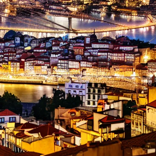 Image similar to of panorama view of the city of porto. cinematic view. anamorphic lens, night lights. sharp focus
