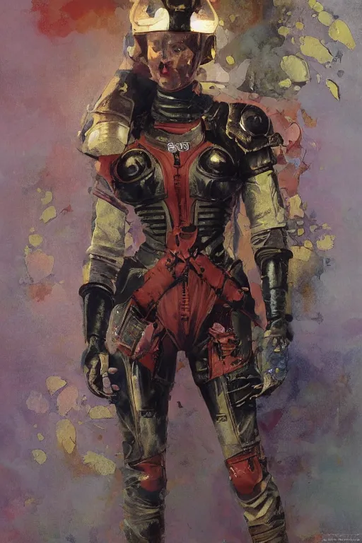 Prompt: pulp scifi fantasy illustration full body portrait of elegant warrior woman wearing latex spacesuit, by norman rockwell, jack kirby, bergey, craig mullins, ruan jia, jeremy mann, tom lovell, 5 0 s, astounding stories, fantasy