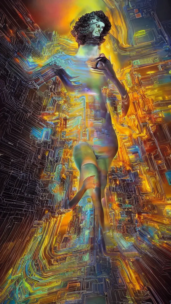 Prompt: the computer gods ascend, in the style of salvador dali, hyperrealistic, photorealistic, scifi illustration, 4 k, ultra hd, rendered in unreal engine 5, vibrant color, beautiful color, highly detailed, evil, award winning, computers, technology, futuristic, mystical, mechanical, circuits, microprocessors