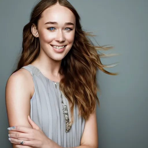 Image similar to a full body portrait of alycia debnam carey smiling while posing for photo, award winning photograph, HDR, natural lighting, shot on nikon z9, depth of field, f/1.8,