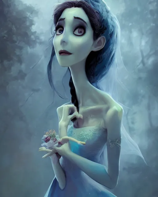 Image similar to elegant mysterious solemn zombie victoria everglot from the corpse bride, portrait, illustration, rim light, top light, summer clear blue sky, perfectly shaded, soft painting, art by krenz cushart and wenjun lin