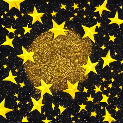 Prompt: a crackling fire in front of a very dark background of yellow illustrated stars, astrophotography, cut paper collage with illustration and photograph