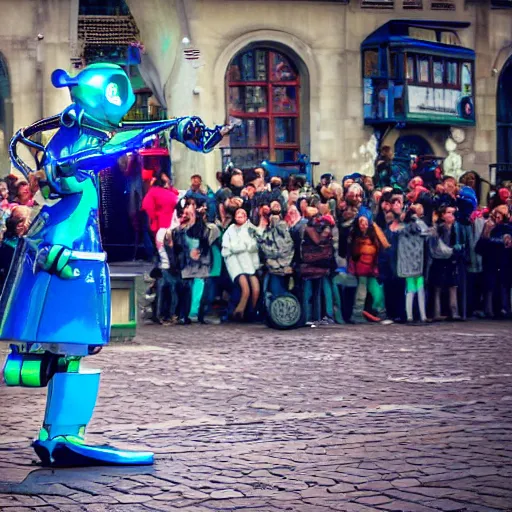 Prompt: a futuristic cyberpunk jester robot entertaining a crowd on a small box in the middle of the city square