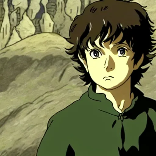 Image similar to frodo in the anime lord of the rings by studio ghibli, movie still frame, very detailed, artwork by hayao miyazaki, kentaro miura, satoshi kon